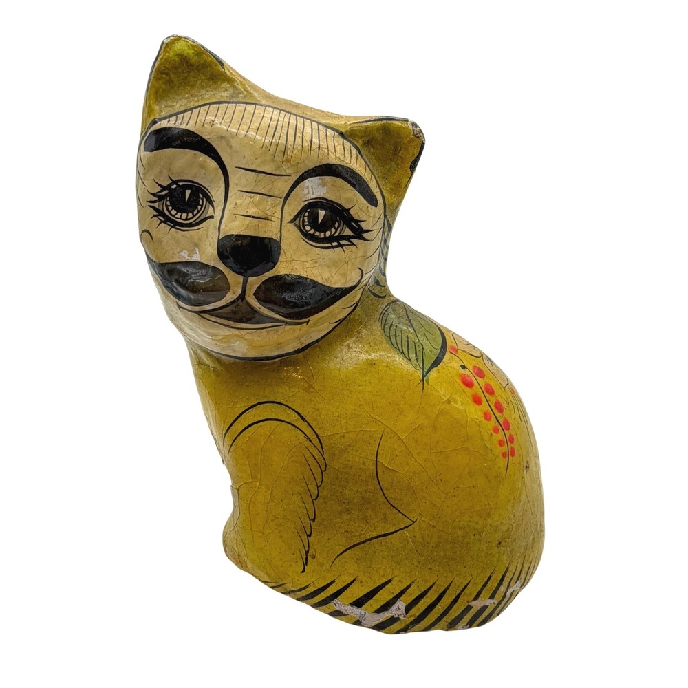 VTG Sermel Paper Mache Cat Figurine Mexican Folk Art Yellow signed